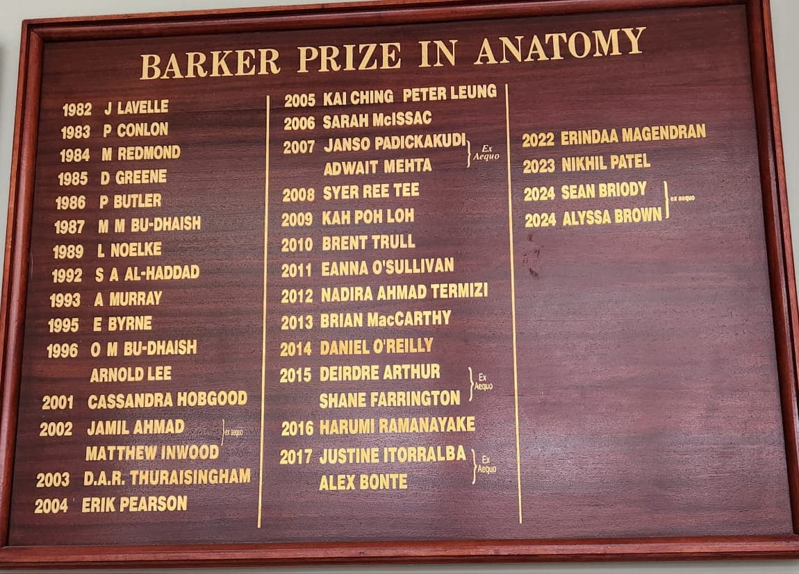 The Barker Prize in Anatomy honour board, listing S A Al-Haddad among the 1992 recipients
