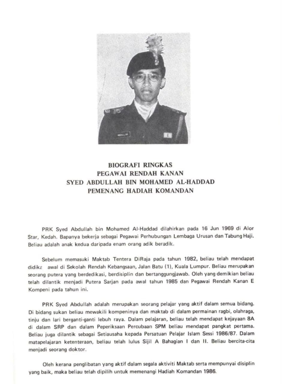 Biography and portrait of PRK Syed Abdullah bin Mohamed Al-Haddad, winner of the Commandant's Prize, Royal Military College, 1986